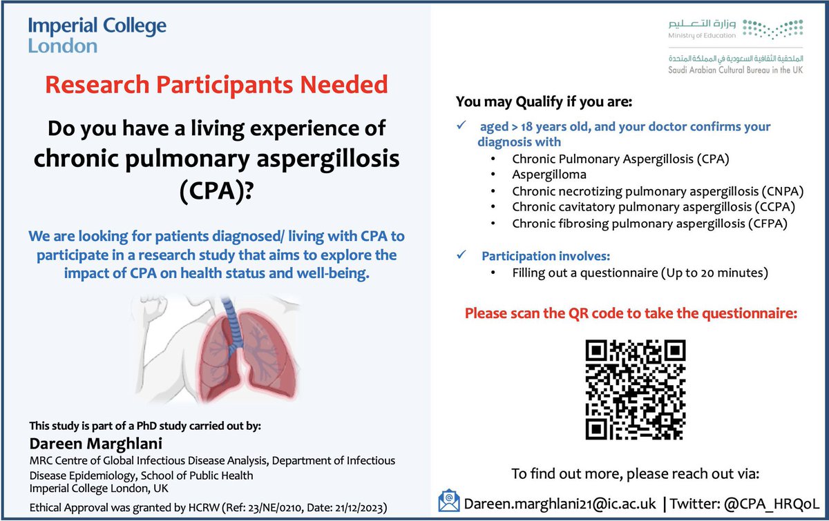 We thank all those who completed & shared this survey on quality of life in #CPA! Looking forward to more valuable responses from individuals with #Chronic #aspergillosis. Please spare 15-20 minutes and fill it out.📢🫁 Your voice matters! imperial.eu.qualtrics.com/jfe/form/SV_6m…
