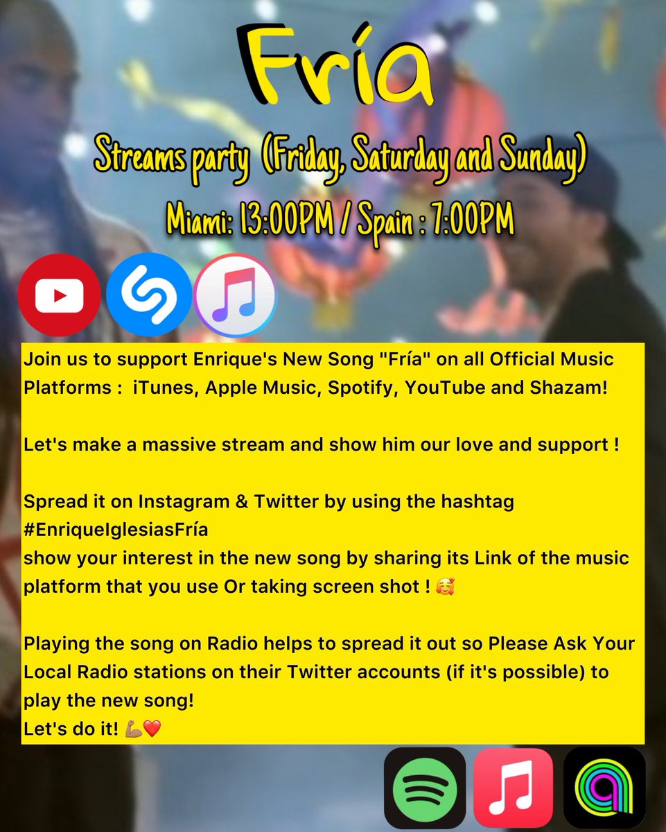 Join it to support Enrique’s New Song “Fría” on ll Official Music Platforms!

–Spread it on “insta” &amp; “X” by using the hashtag #EnriqueIglesiasFría 😍

–ask Your Local Radio Stations on Their “X” accounts to Play the new song!

Time :

MIAMI / 13:00
SPAIN / 7:00
KSA / 9:00