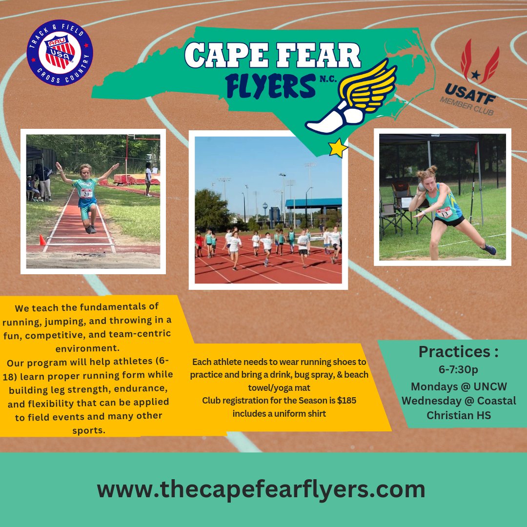 Track & Field 2024 Registration is Live on our website thecapefearflyers.com

#capefearflyers #usatfyouth #aautrackandfield #runjumpthrow #youthrunners #RunILM #ncaautrackandfield #usatf
