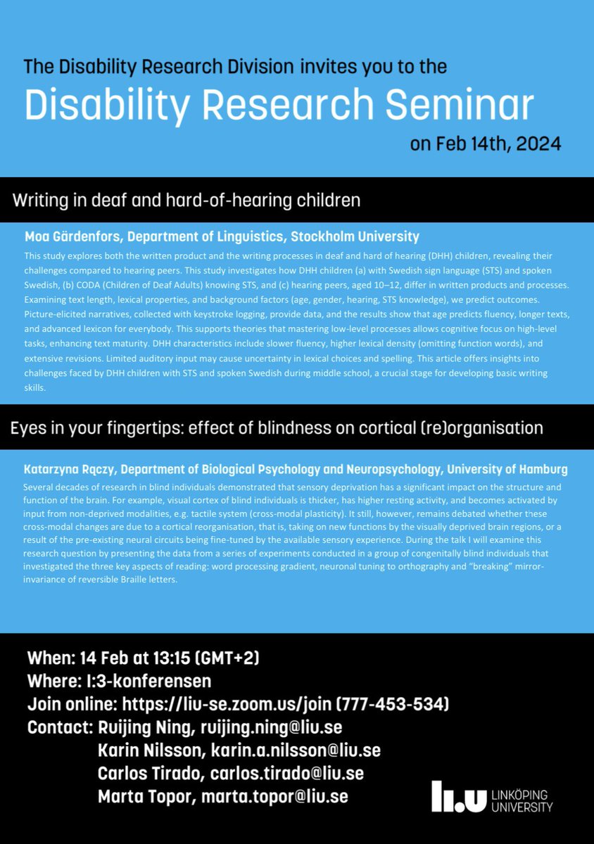 Open seminar in disability research, February 14th at 13.15. Two speakers will join us: Moa Gärdenfors, PhD, Stockholm university Katarcyna Raczy, PhD, University of Hamburg