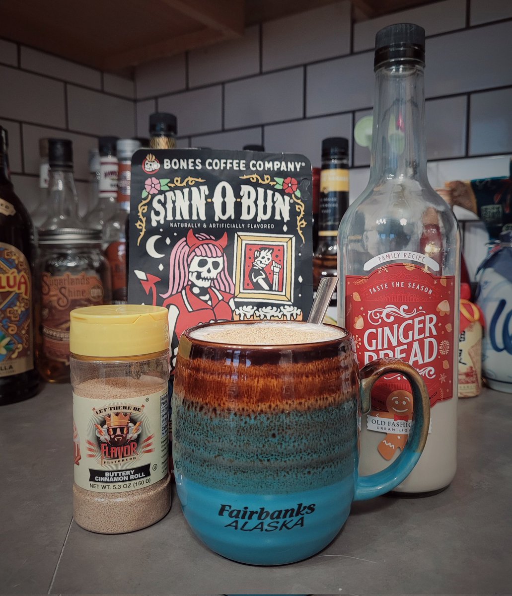 Tried something new! Combined classic Sinn-O-Bun coffee from @bonescoffeeco with @tastetheseasons Gingerbread cream liquor and topped with cinnamon bun seasoning from @flavorgod 😍😍 It's UNREAL, guys.