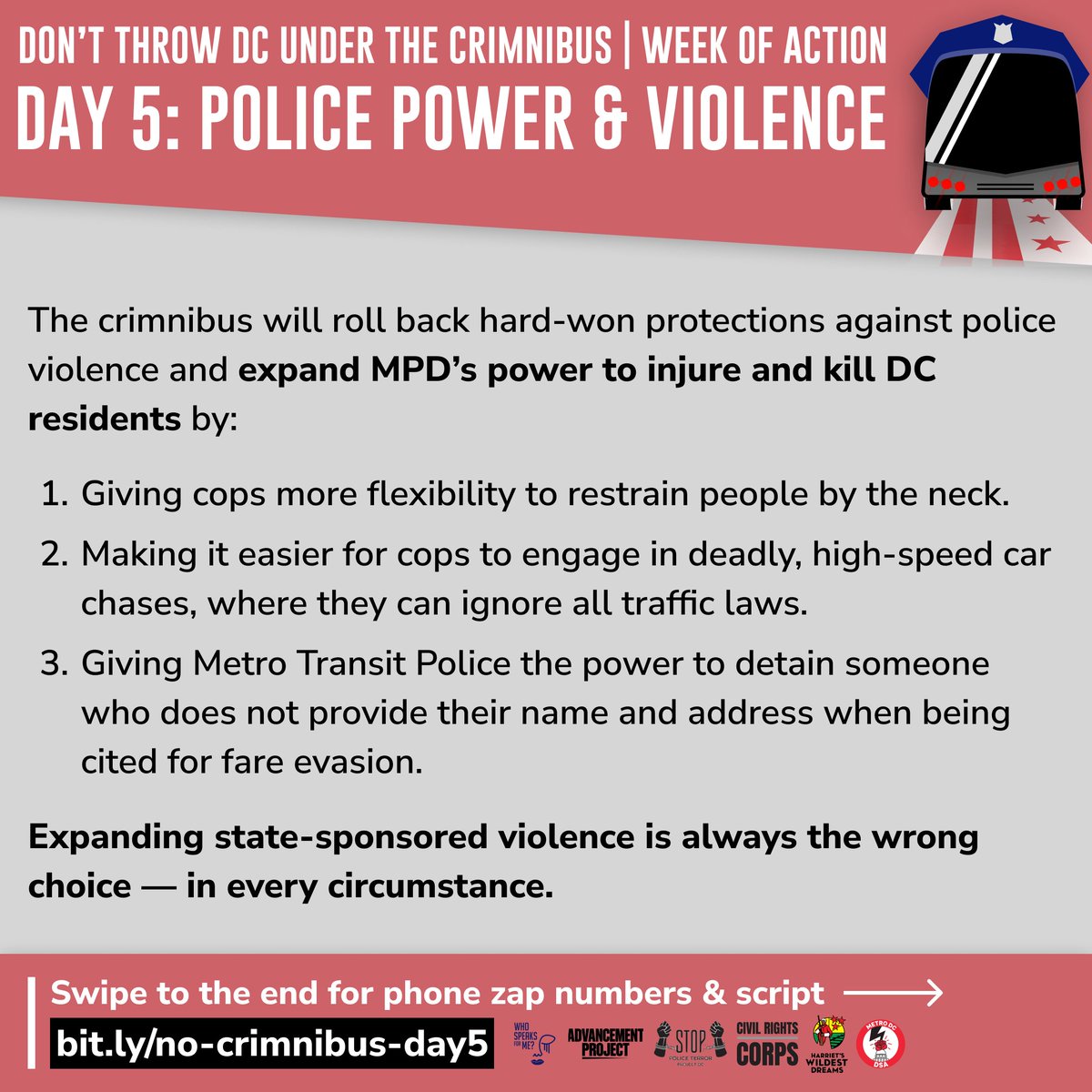 It's the LAST day of the No Crimnibus Week of Action, let's go out with a bang! Flood @councilofdc's phones & inboxes to tell them NOT to roll back protections against police violence or expand MPD’s power to harm DC residents → bit.ly/no-crimnibus-d…