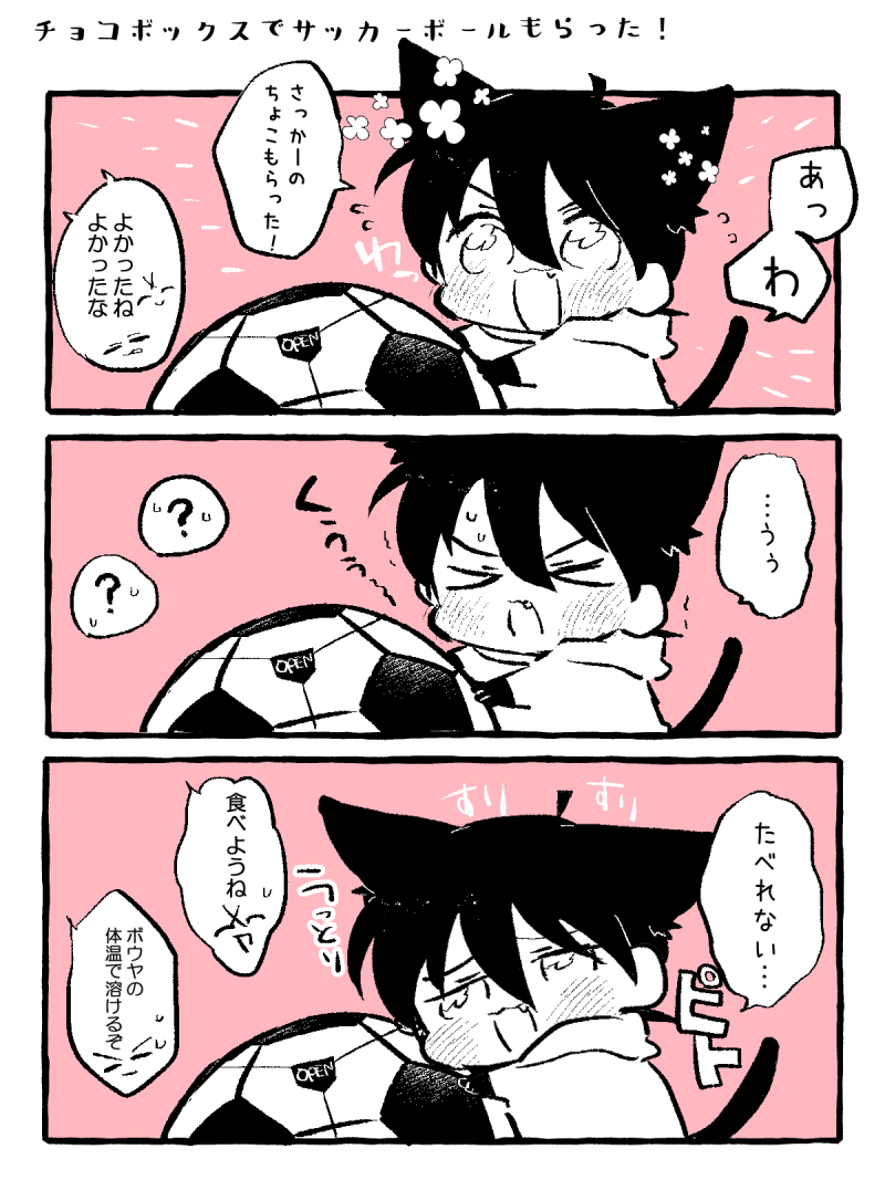 チョコボックスで⚽️チョコもらったねこしんくん
(*ねこしんくんはねこちゃんですが食べ物は人間と同じもの食べます) 