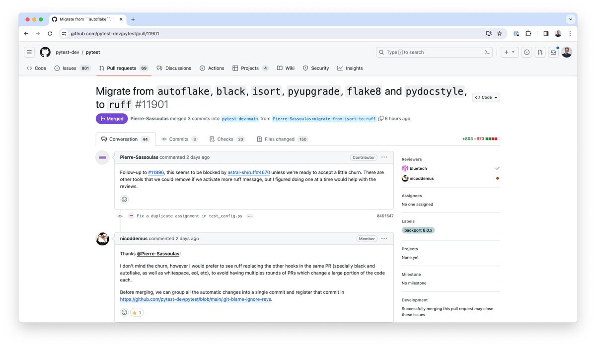 charliermarsh's tweet photo. Pytest moves to Ruff! 🚀🚀🚀

Replaces autoflake, black, isort, pyupgrade, flake8, and pydocstyle... https://t.co/7JLfsOrWmR