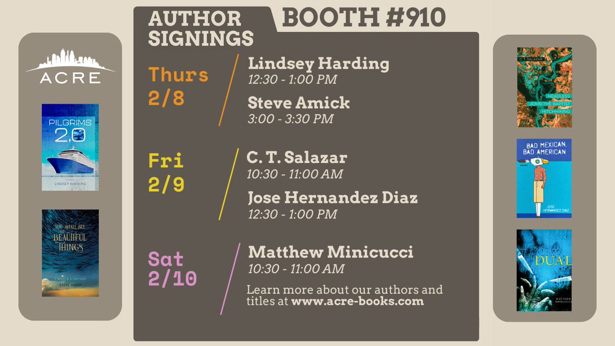 acre_books's tweet photo. #AWP24! Be sure to stop by Booth 910 to get your books signed by Acre authors @MattMinicucci, @JoseHernandezDz, @CTsalazar_, @linzharding, and #SteveAmick! Details below. 📚🖊️🎉 https://t.co/c5jbtL24AG