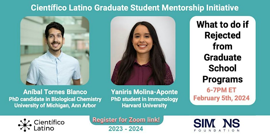 Our webinar, "What to do if rejected from graduate school programs", will be held NEXT WEEK on Monday, February 5th at 6 PM ET. We will cover how to assess your application and build additional research experience, followed by a Q&amp;A!

Register here: eventbrite.com/o/cientifico-l…