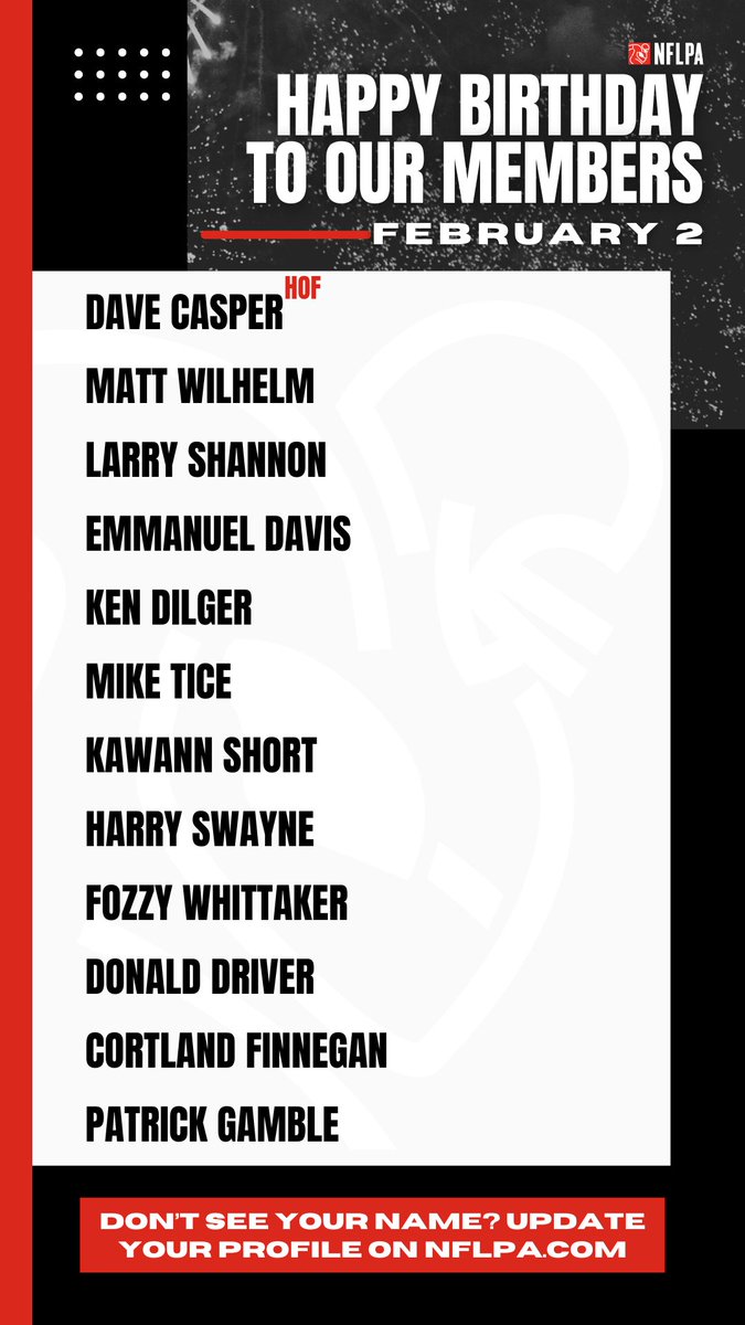 NFLPA Former Players (@nflpafmrplayers) on Twitter photo Happy birthday to our members <a href="/MattWilhelm57/">Matt Wilhelm</a> <a href="/larryDshannon/">Coach Larry Shannon</a> <a href="/KenDilger/">Ken Dilger</a> <a href="/miketice86/">Mike Tice</a> <a href="/kk_mr93/">Kawann Short</a> <a href="/HarrySwayne/">Harry Swayne</a> <a href="/FozzyWhitt/">Fozzy Whittaker</a> <a href="/Donald_Driver80/">Donald Driver</a> <a href="/CortFinnegan/">Cortland Finnegan</a> @CoachPatGamble - Cheers to another year! Happy birthday to our members <a href="/MattWilhelm57/">Matt Wilhelm</a> <a href="/larryDshannon/">Coach Larry Shannon</a> <a href="/KenDilger/">Ken Dilger</a> <a href="/miketice86/">Mike Tice</a> <a href="/kk_mr93/">Kawann Short</a> <a href="/HarrySwayne/">Harry Swayne</a> <a href="/FozzyWhitt/">Fozzy Whittaker</a> <a href="/Donald_Driver80/">Donald Driver</a> <a href="/CortFinnegan/">Cortland Finnegan</a> @CoachPatGamble - Cheers to another year!