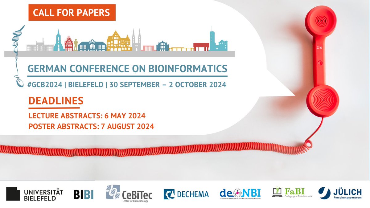 #GCB2024 - German Conference on #Bioinfomatics - The scientific committee invites the submission of abstracts for talks and posters in the fields of #data science, imaging, #infrastructure &amp; services, medical #informatics, among others! Learn more here: lnkd.in/gK8QmKGV