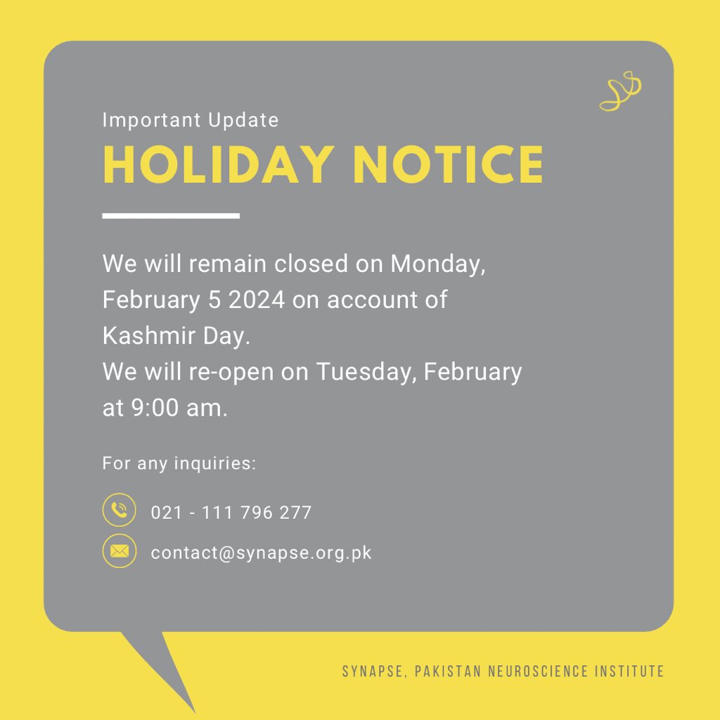We will remain closed on Monday, February 5 2024 on account of Kashmir Day. We will re-open on Tuesday, February at 9:00 am.