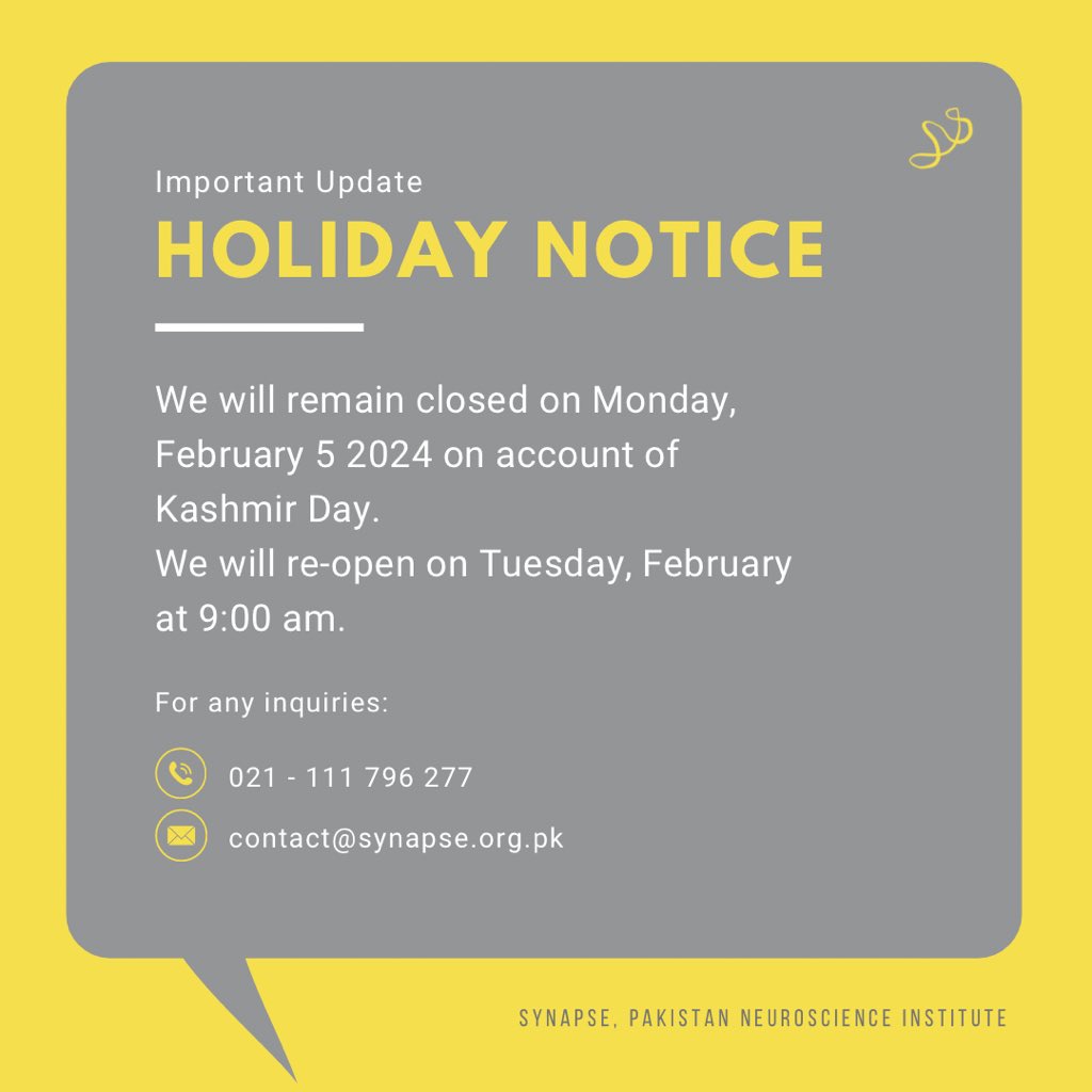 We will remain closed on Monday, February 5 2024 on account of Kashmir Day. 
We will re-open on Tuesday, February at 9:00 am.
