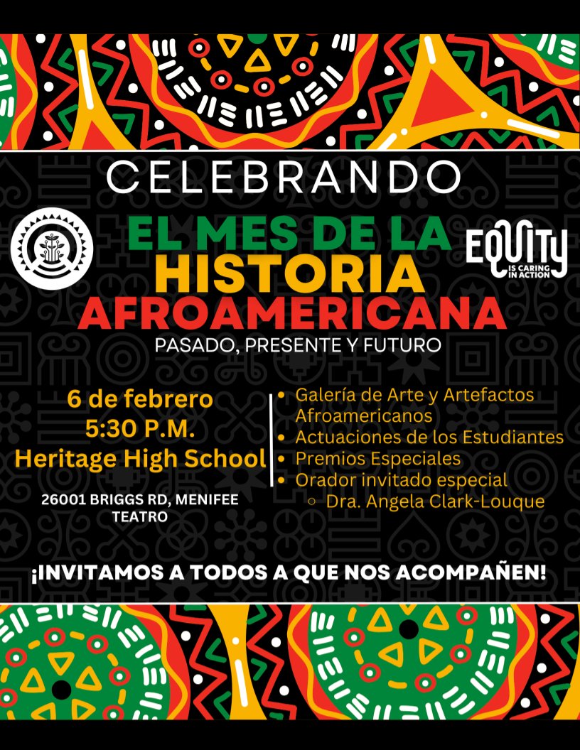 puhsd's tweet photo. Join us in celebrating Black History Month next Tuesday, Feb 6th @ 5:30 pm in the Heritage High School Theater. We welcome families from ALL Districts to come and enjoy our art gallery, African American artifacts, student performances, awards, and MORE! We hope to see you there! https://t.co/Fnd0DcoN9F