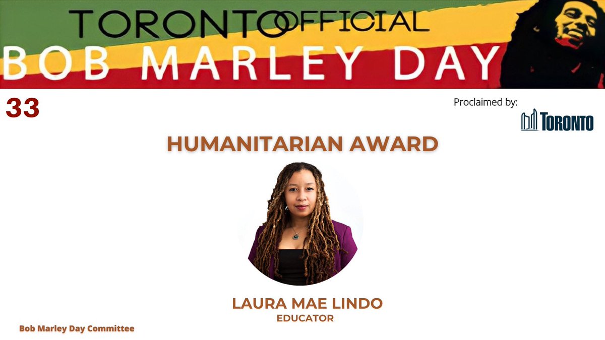 Bob Marley Day Toronto (@bobmarleydayto) on Twitter photo Congratulations to Laura Mae Lindo <a href="/LauraMaeLindo/">Laura Mae Lindo</a> on being named one of the 2024 Bob Marley Day Humanitarian award recipients for her work on community development . #onelove #bobmarleydayto Congratulations to Laura Mae Lindo <a href="/LauraMaeLindo/">Laura Mae Lindo</a> on being named one of the 2024 Bob Marley Day Humanitarian award recipients for her work on community development . #onelove #bobmarleydayto