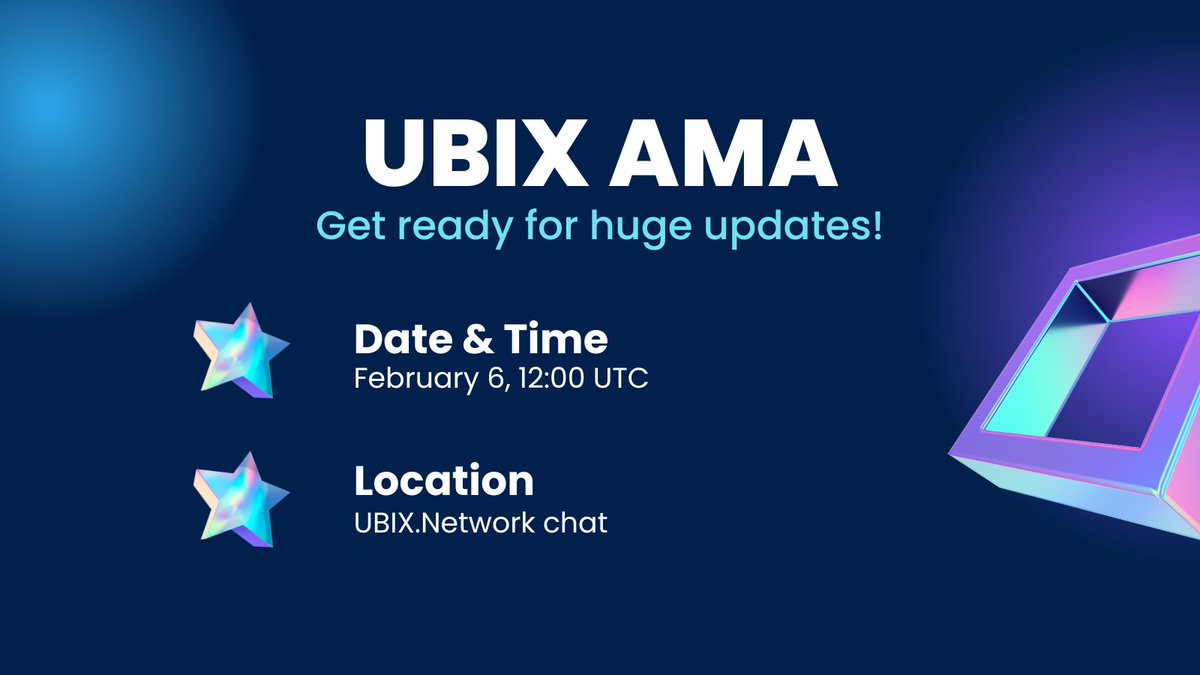 UBIX_Network's tweet photo. A reminder about upcoming AMA!

Our big AMA with take place on February 6, 12.00 UTC! Mark the date in your calendars 📆

📌Location - our telegram chat: https://t.co/IG1BFJj0D8

Get ready for huge updates and see you soon 😎