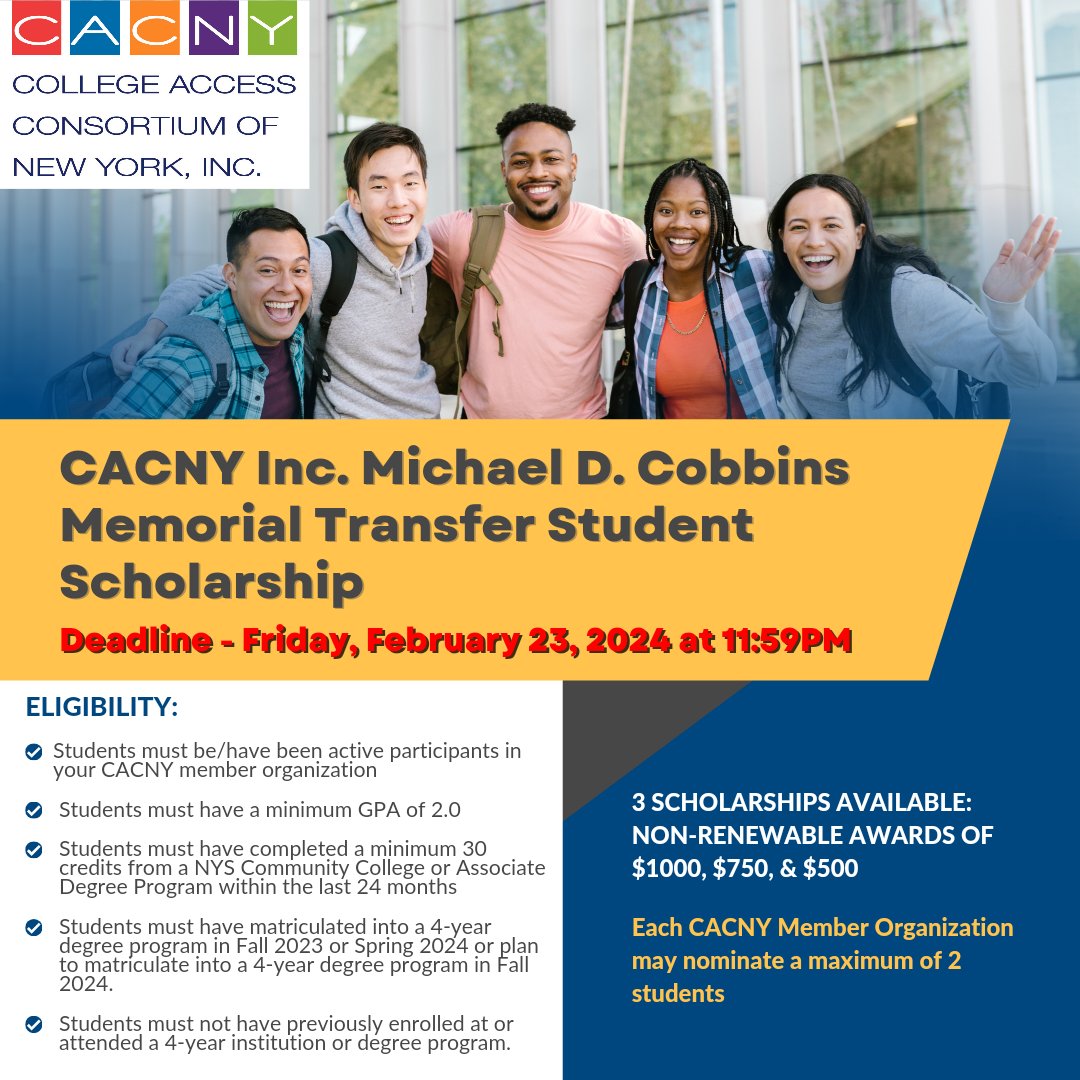 🤑The CACNY Inc Michael D Robbins Memorial Transfer Scholarship is OPEN!!! Deadline is Feb 23, 2024!🤑

CACNY Members please check your email for the information packet on how to nominate your students!

#cacny #cacnyscholarship #transfer