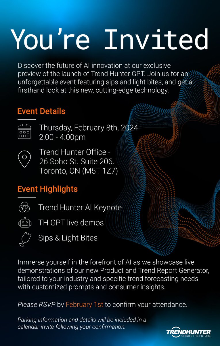 TORONTO INNOVATION LEADERS - If you are in a big brand in innovation or leadership, join us for a preview of TH GPT, some trend insights, networking and a showcase of how to innovate in an era of AI. :)