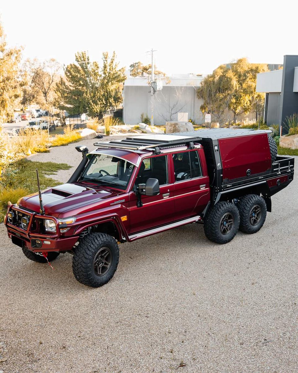 JaMtoka's tweet photo. - Merlot Red ♥️♥️
- 6 Wheel Drive 
- Premium Tray and Canopy Package 
- #BossBuilt 🇦🇺

- Build enquiries: sales@bossaluminium.com.au
 
- Spec List:
• Driveline
√ JMACX 6X6 System, with a 4 inch lift and 5800kg GVM
√ Automatic 6 Speed Transmission Conversion
√ 35" Maxxis Razr MT Tyres
√ 2.5" Remote Reservoir Shocks
√ ARB Air Lockers
√ Brake upgrade kit - 6 pot callipers, slotted rottors
√ 3.5" Stainless Exhaust
√ @airbagmansuspension assistance kit
√ 185L @browndavisauto Long-range Fuel Tank
√ 160L Brown Davis Auxiliary Fuel Tank
 
• Tray
√ Boss Next-Gen Premium Tray 2800L x 1850W
√ 70L Undertray Water Tank with pump
√ Undertray draws and toolboxes
√ 2Pac Painted tray sides
 
• Canopy
√ ¾
√ Full Central Locking
√ Dog Box Door
√ @bushman_fridges 130L Upright Fridge
√ Induction cooktop integrated to draw system
√ Explorer pantry with @nespresso.au coffee machine
√ Travel Buddy
√ PowerBoss Off-Grid Package with
@redarc_electronics Redvision control panel, 2000W Pure Sine Inverter, 200AH Lithium Battery
 
• Interior
√ @recaro Expert front seats (with retrimmed rears to match)
√ 9" @alpineau Headunit
√ Custom Roof Console
√ Redarc Tow Pro brakecontroller
 
• Exterior
√ Colour Matched @arb4x4 Barwork
@gme_au UHF
√ @stedi_australia Type-X EVI Driving Lights
√ Stedi Sim LED Lightbar
√ @clearviewaccessories Mirrors
√ @safari4x4engineering Snorkel
√ ARB Twin Air compressors

#BossAluminium #LandCruiser #VDJ79R