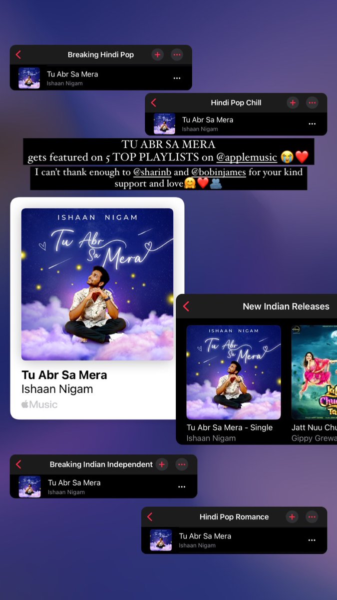“Tu Abr Sa Mera” lands in 5 amazing playlists on Apple Music ❤️ Heartfelt thanks to @Bobin_James and @sharinbhatti for their kind love and support✨ Listen to the song here : tr.ee/giaZQ8BixZ #ishaannigam #TuAbrSaMera #newviralvideo #latestvirals #Valentines2024