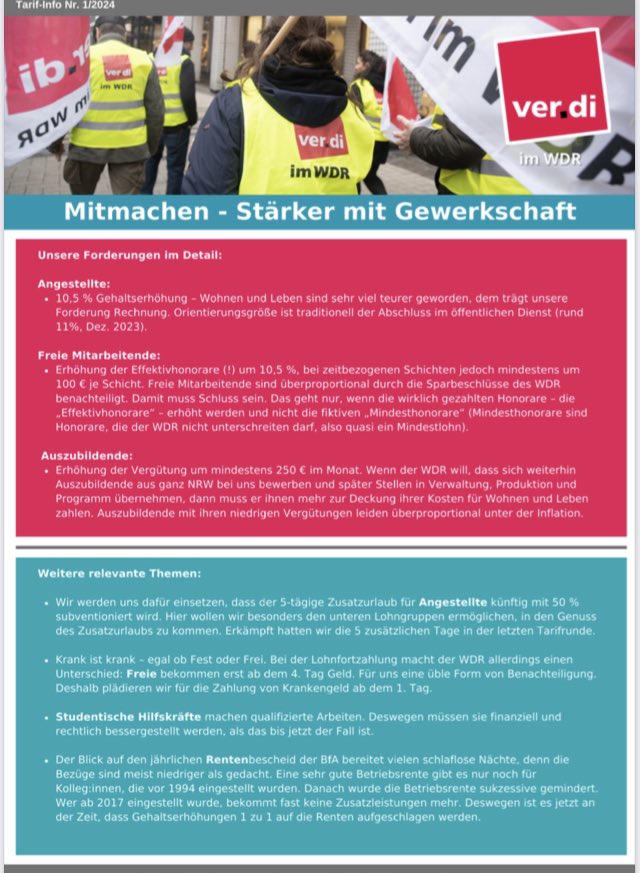 #Tarifrunde2024 #WDR #jetzteinschalten
Seit dem 1.1.2024 ist der Tarifvertrag gekündigt. Unsere Forderungen für die neue Runde findet ihr hier.