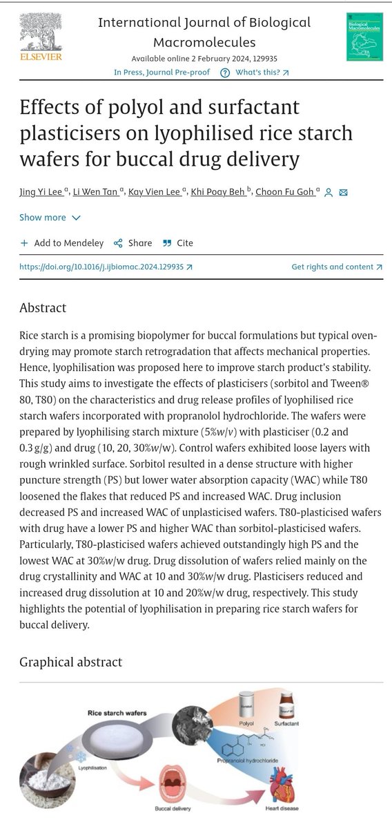 gohchoonfu's tweet photo. Year of 🐉 is roaring with 2nd paper bonanza in #IntJBiolMacromol @elsbiomedchem, exploring #lyophilised #ricestarch #wafers for #buccal #drugdelivery focusing on role of #plasticiser! Excellent job to @esteelee_ LW Tan KV Lee #pharmaceutics #biopolymer https://t.co/RpVU5Wy7dm https://t.co/QVfXuxW7TQ