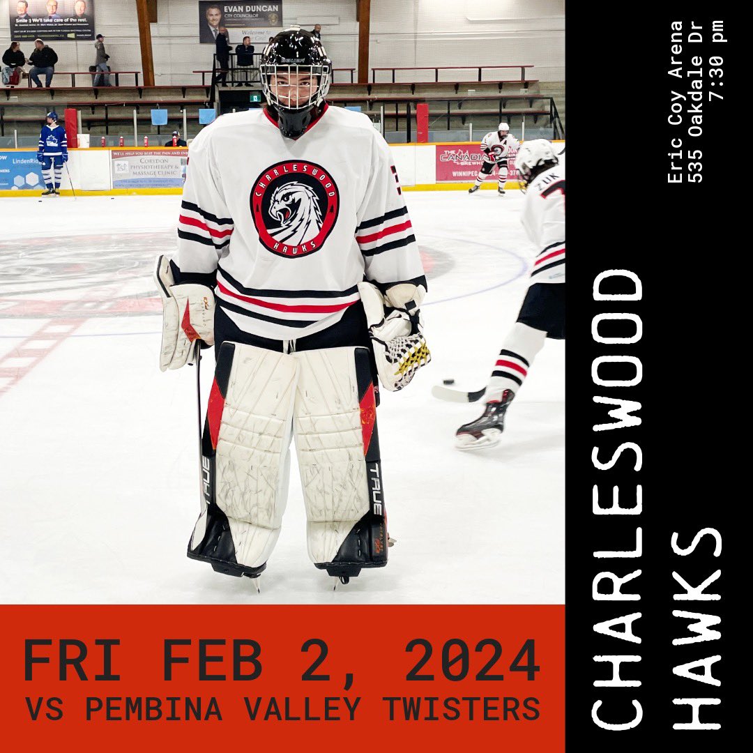 We know the Super Bowl is coming up, but there’s still plenty of hockey to play before then! Come cheer on the boys as they host the <a href="/PV_Twisters/">Pembina Valley Twisters🌪</a> tonight puck drops at 7:30 pm at the Coy! #charleswoodvseverybody #charleswoodhawks #gohawks #mmjhlhawks #forwayne #fordarryl #thecoy