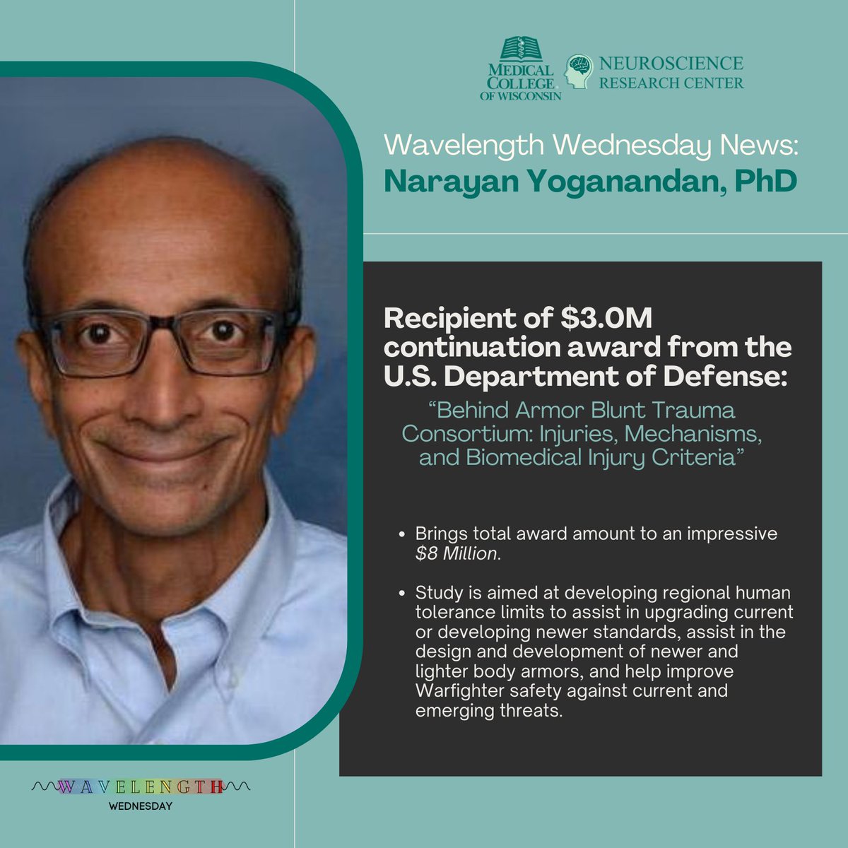 Happy Wednesday! For today's #WLW, congrats to NRC Member Dr. Narayan Yoganandan of @MCWNeurosurgery, along w/ Dr. Brian Stemper of @MU_MCW_BME and researchers at @DukeU & U. of Virginia on their continuation award from the @DeptofDefense! Making strides in enhancing safety!💪
