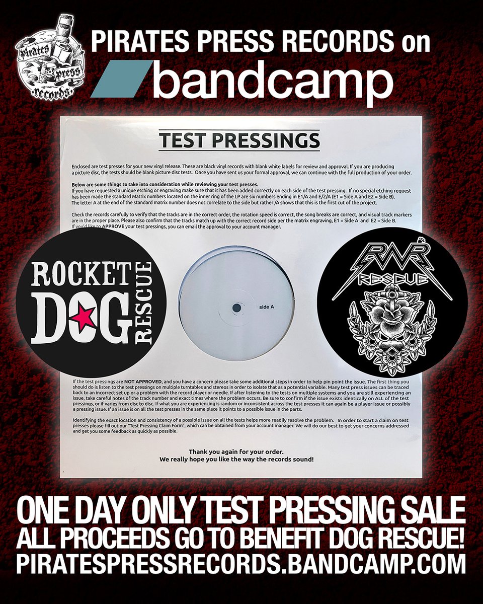 piratespress's tweet photo. It's #BandcampFriday! Head to @Bandcamp
to check out the digital offerings and vinyl for sale from all your @piratespress faves!

Plus, TODAY ONLY, we are selling Test Pressings of several of our latest releases to benefit @RocketDogRescue and @RollRescue!
https://t.co/nlNZ9iWnRH https://t.co/BQ1jqsjXPD