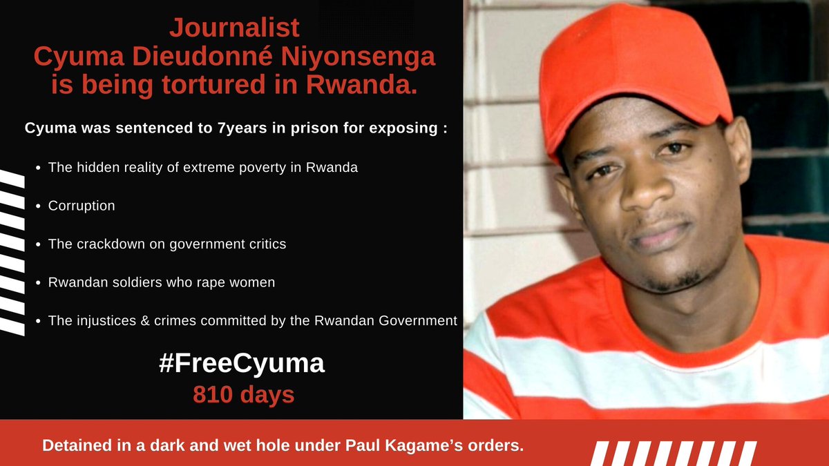 dzaneza's tweet photo. Journalist Cyuma was sentenced to 7yrs in prison for exposing:
-The hidden reality of poverty in #Rwanda
-Corruption
-The crackdown on gov-critics
-Rwandan soldiers who rape women
-The crimes committed by @RwandaGov.
@PaulKagame must #FreeCyuma!
#JournalismIsNotACrime #Africa https://t.co/SFBZxTCvxO