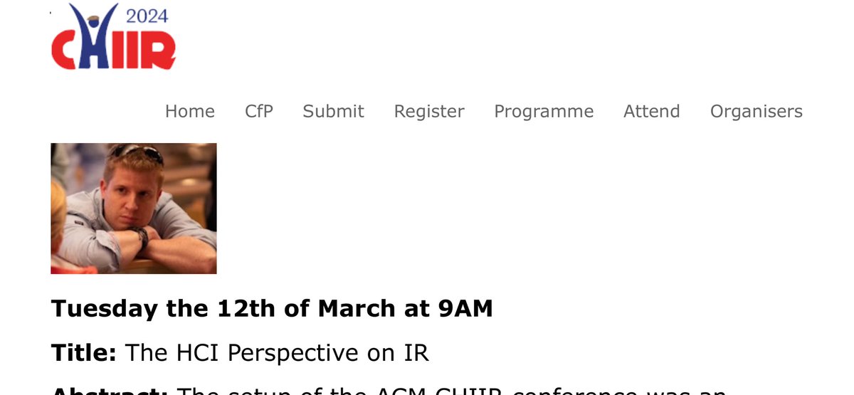 Max L. Wilson (@drmaxlwilson) on Twitter photo I’m really looking forward to speaking at #chiir2024, and honoured to have been invited to speak. I was always an <a href="/sigchi/">ACM SIGCHI</a> person working in an <a href="/ACMSIGIR/">ACM SIGIR</a> world, but I found a community of likeminded people during my PhD and it led to great things, inc the <a href="/ACM_CHIIR/">ACM CHIIR 2025</a> conference. I’m really looking forward to speaking at #chiir2024, and honoured to have been invited to speak. I was always an <a href="/sigchi/">ACM SIGCHI</a> person working in an <a href="/ACMSIGIR/">ACM SIGIR</a> world, but I found a community of likeminded people during my PhD and it led to great things, inc the <a href="/ACM_CHIIR/">ACM CHIIR 2025</a> conference.