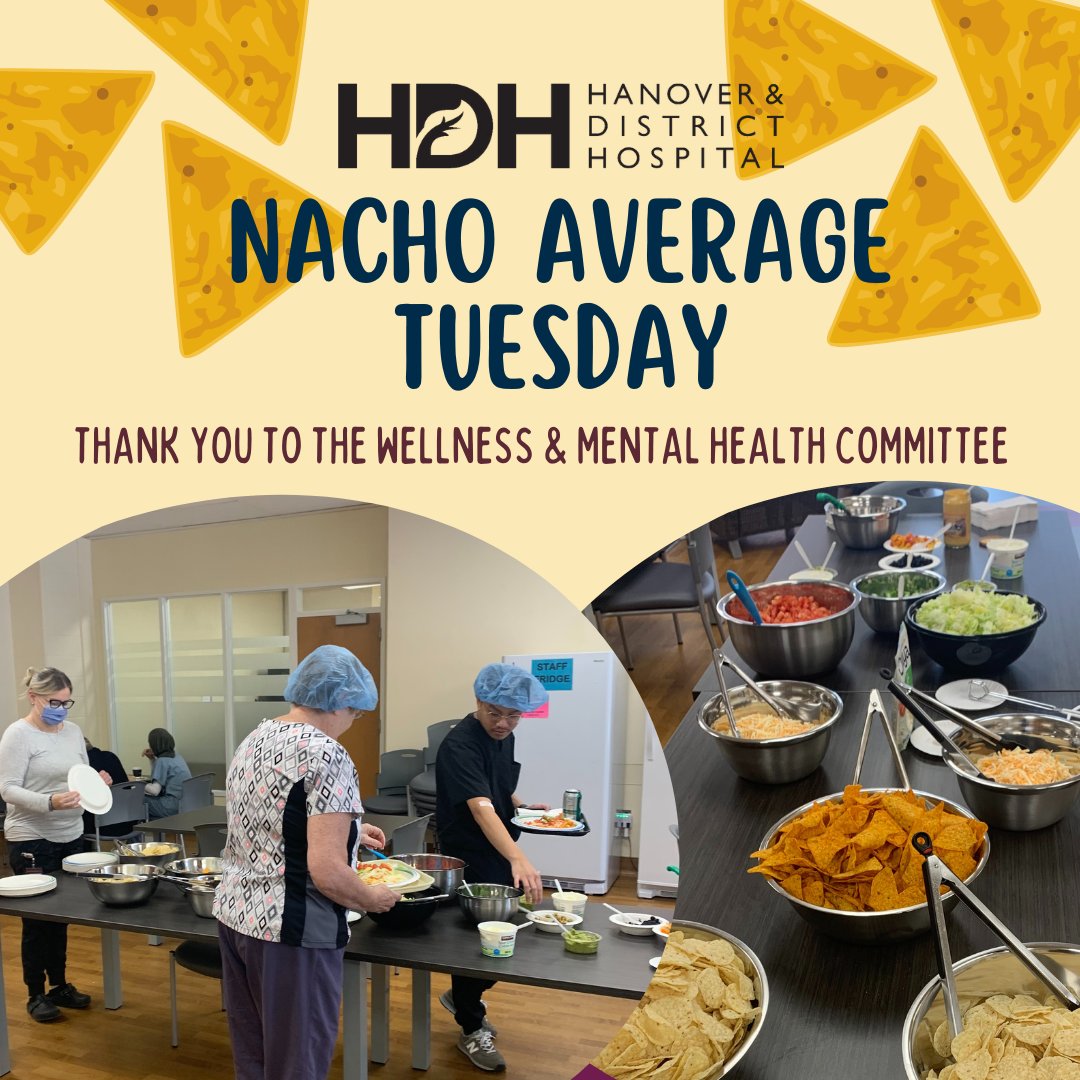 HDHospital's tweet photo. Thank you to the Wellness & Mental Health Committee who hosted another successful Nacho Average Tuesday this week. Full bellies make for smiling faces - and this one has become a hospital favourite! Until the next one.... #NachoAverageStaff #WellnessCommittee https://t.co/LOKSgD1Mt6