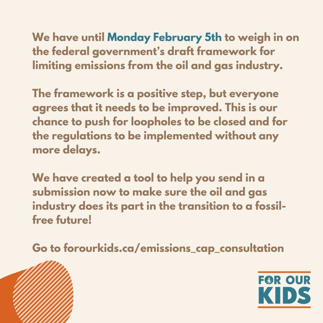 🌿📢 Appel à l'action : Date limite le 5 février🌍🔊
Utilisez notre outil rapide pour soumettre une lettre à la consultation publique d'Environnement Canada pour un plafonnement des émissions🏭plus fort 💪 et sans retards 👉 forourkids.ca/emissions_cap_…