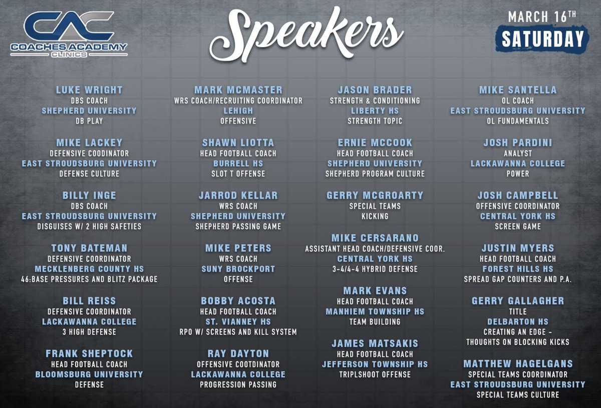 Saturday's Lineup!  All inclusive deal!!  Registration includes food, beverages &amp; beer both days!  Thank you to our sponsors
<a href="/blastathletics/">Blast Athletics</a>
<a href="/SportsPara/">Sports Paradise</a>
<a href="/huddlbox/">Huddlbox</a>
<a href="/GeisingerHealth/">Geisinger</a>
<a href="/TheFundingZone/">Funding Zone Fundraising & Vertical Raise!</a>
Register 👉 coachesacademyclinics.com
<a href="/PaFootballNews/">Pennsylvania Football News</a>
<a href="/LCFalconsFB/">Lackawanna College Football</a>
<a href="/ESUWarriors/">ESU Warriors</a>