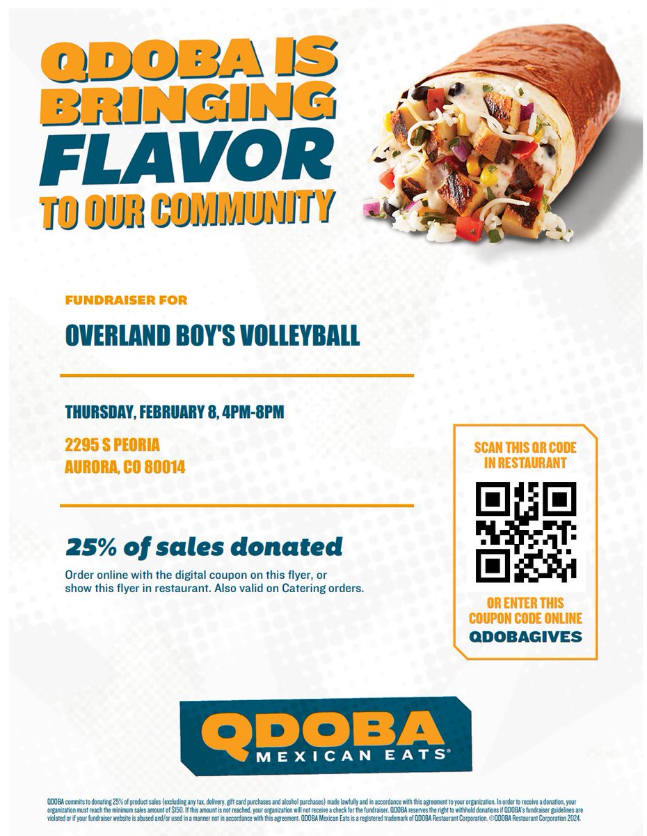 Come out and support boy's volleyball next Thursday at Qdoba across from Overland!
