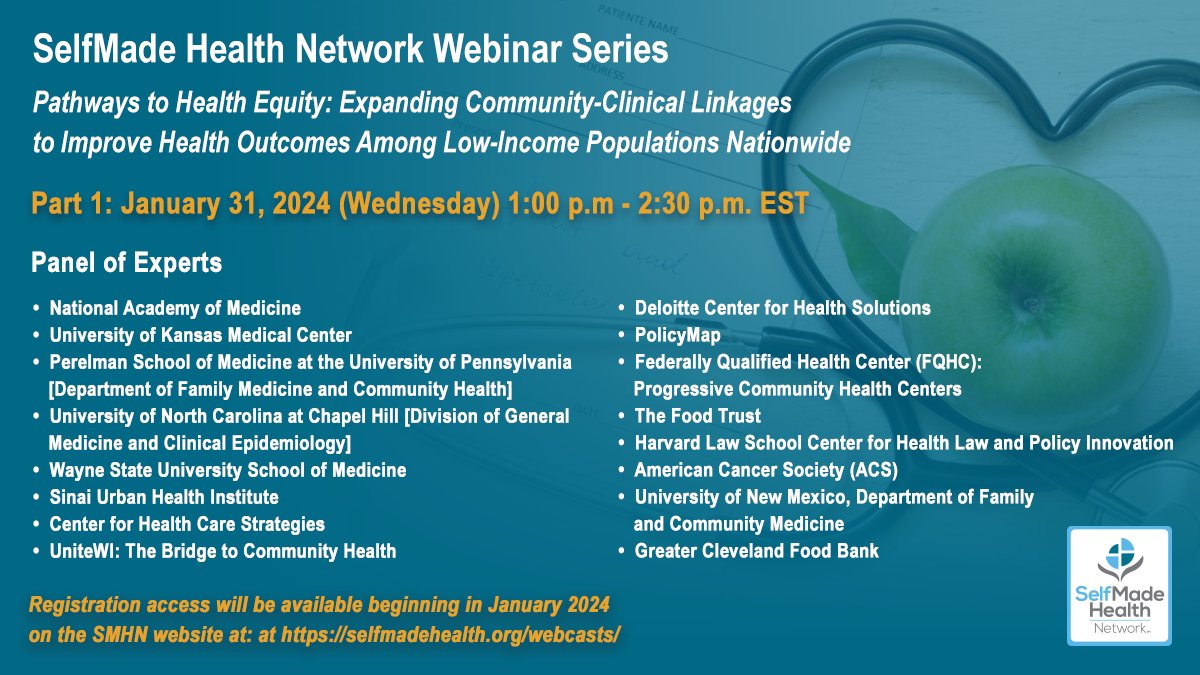 If you didn't catch the 1st webinar in our series on ↑ health incomes for people with low incomes, the full conversation with experts in the field is available now, free & on demand: selfmadehealth.org/webcasts/ #CancerSurvivorship #PatientNavigators #HealthEducators