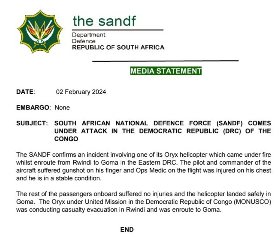 SugiraMireille's tweet photo. 🔴 La collaboration des @SANDF_ZA
avec les génocidaires rwandais FDLR est maintenant avérée.

Les soldats de @CyrilRamaphosa pleurent une attaque dont personne ne sait d'où elle est venue, contre un engin volant. Mais bêtes qu'ils sont, ils donnent une indication très importante. L'hélicoptère en question venait de #Rwindi!!! (Voir communiqué qui n'est signé par la Monusco).

Cet endroit est occupé par des soldats FDLR. Ces éléments y ont trouvé réfuge apres leurs défaites contre les natifs du #M23 à #Tongo, village voisin qu'ils occupaient depuis presque 20 ans.

En 2013, la @SADC_News s'est cachée derrière le drapeau de l'ONU et le #M23 a dû se reriter pour ne pas être en conflit avec cette organisation  regroupant tous les pays du monde.

Aujourd'houi, la #SADC est là seule, mais comme elle est battue sur tous les fronts elle veut se cacher derrière la @MONUSCO.

2013 n'est pas 2024. 

La question est que faisaient les sud africains à #Rwindi? 🤔