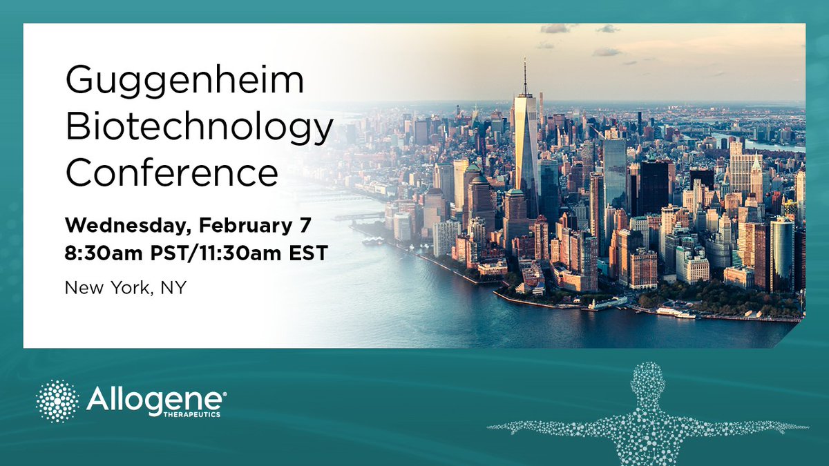 Join us Wednesday, February 7 at 11:30 am EST for the Guggenheim Biotechnology Conference where our Head of R&D Dr. Zachary Roberts will share Allogene's plans to redefine the future of CAR T. Listen to the live or archived chat here: ir.allogene.com/events/event-d…