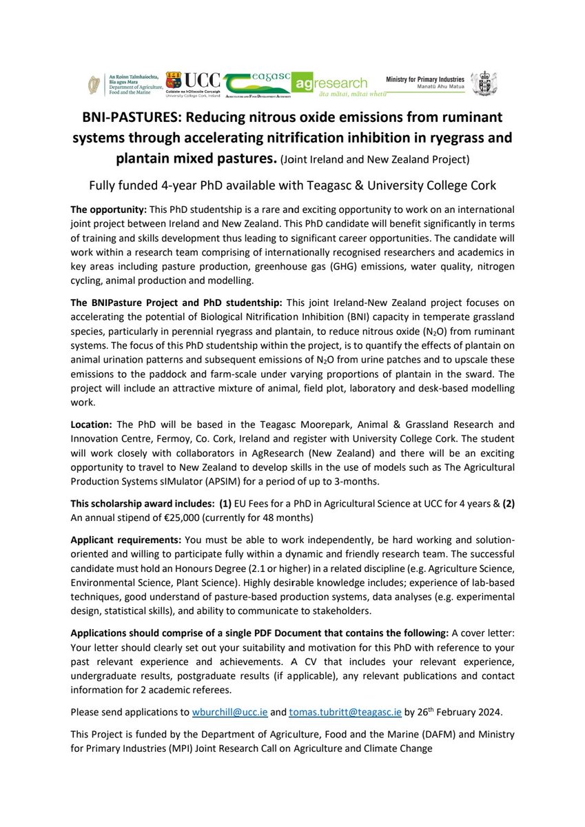 William burchill (@burchill_w) on Twitter photo Exciting PhD position between <a href="/UCC/">UCC Ireland</a> and <a href="/teagasc/">Teagasc</a> looking at the the ability of Plaintan to reduce nitrous oxide emissions. Includes the opportunity to travel to New Zealand and work with <a href="/AgResearchNEWS/">AgResearch</a>! Retweets appreciated!! <a href="/SEFSUCC/">SEFS@UCC</a> Exciting PhD position between <a href="/UCC/">UCC Ireland</a> and <a href="/teagasc/">Teagasc</a> looking at the the ability of Plaintan to reduce nitrous oxide emissions. Includes the opportunity to travel to New Zealand and work with <a href="/AgResearchNEWS/">AgResearch</a>! Retweets appreciated!! <a href="/SEFSUCC/">SEFS@UCC</a>