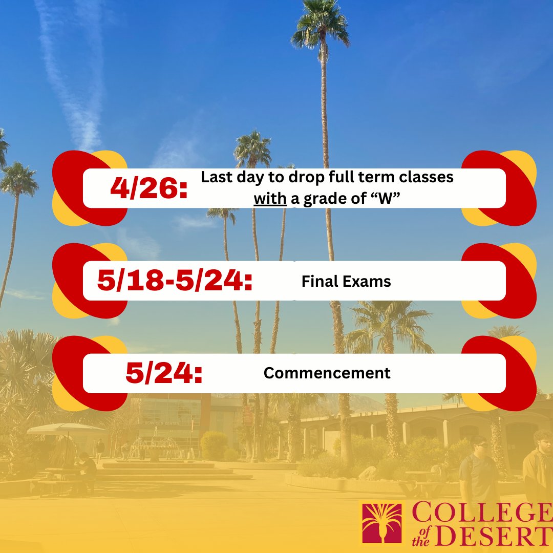 First week of spring semester is over, Roadrunners! 

Swipe to see and save these key dates  of the spring semester. 

#YourCommunityYourCollege #Collegeofthedesert
