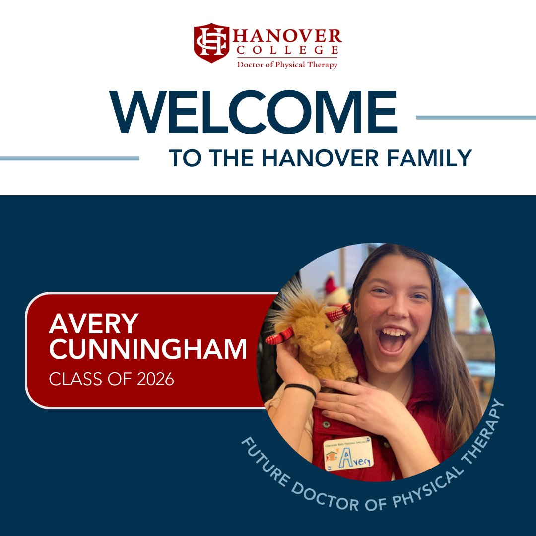A warm welcome to Avery Cunningham to the Hanover DPT Class of 2026! Avery chose Hanover to stay close to her support system while pursuing higher education. The prospect of working with active-duty soldiers drives her passion for pt. We're honored to have you! #HanoverDPT