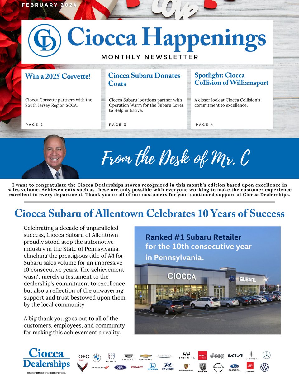 CioccaAC's tweet photo. Keep up with what is going on at Ciocca Dealerships! Check out our feature in the February edition of the Ciocca Happenings!

#cioccaonsocial #community #automotive #automotiveindustry #newsletter #donations #applynow #hiring #february https://t.co/uQyJSVnBX7
