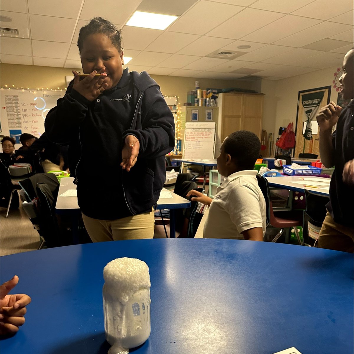 Ms. Bartucca's 3rd graders just wrapped up their extreme weather unit with a week learning about blizzards. As a final experiment, they created a blizzard in a jar! #Enter2Learn #Exit2Lead #EdThatAddsUp #WeAreFRCS #handsonlearning