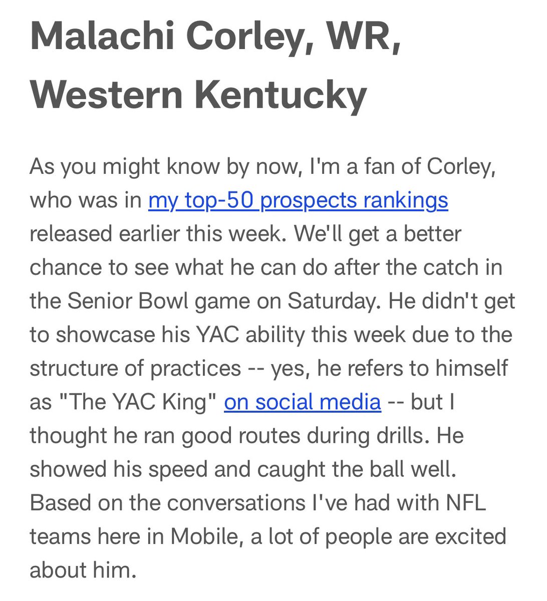 From @MoveTheSticks on Western Kentucky’s Malachi Corley, who was named National Team WR of the week. The YAC King gets a WWE-style championship belt for the honor.