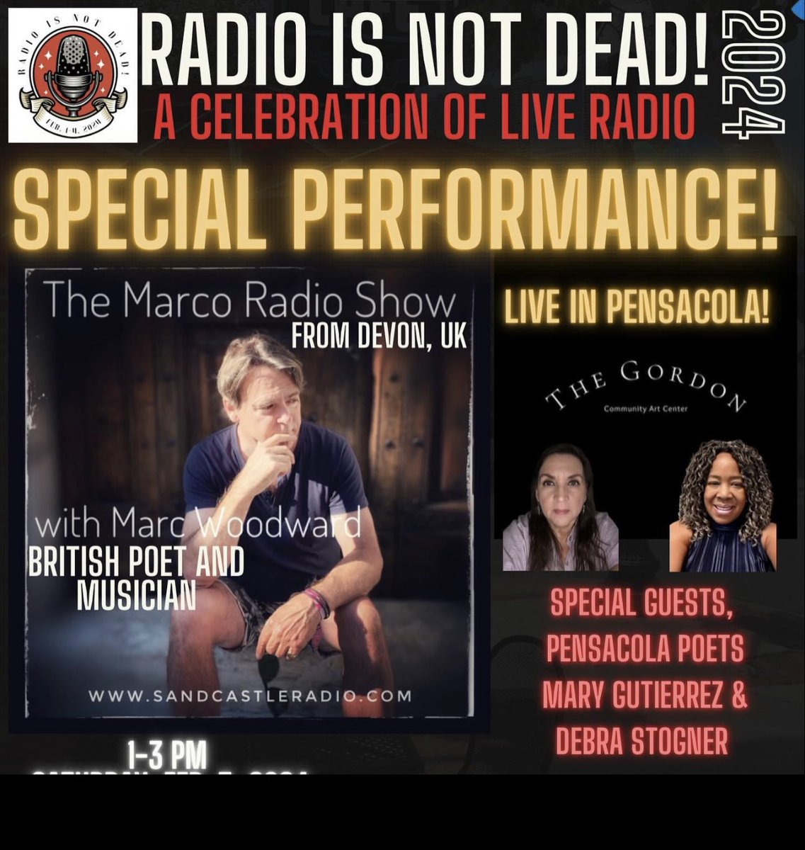 MarcoRadioShow's tweet photo. #PoetryTour My first Florida gig tomorrow at 1pm in Pensacola. Being broadcast live (at 7pm UK time) on https://t.co/Iym7kiWrCt https://t.co/EwB9kmB8nW