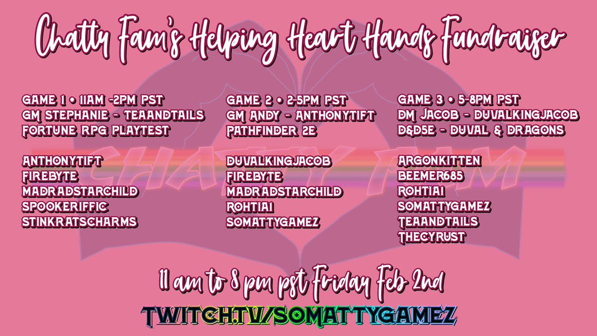Helping Heart Hands is LIVE! Game one is being run by the incomparable <a href="/TeaAndTails/">Mermaid Stephanie 🧜🏻 🏳️‍🌈</a> playtesting their own RPG. Your donations effect our games! Give a reroll, Have <a href="/StinkRatsCharms/">Disabled Trash Witch♿</a> eat a Beanboozled Bean, or make EVERYONE sing their next actions. Donation link below