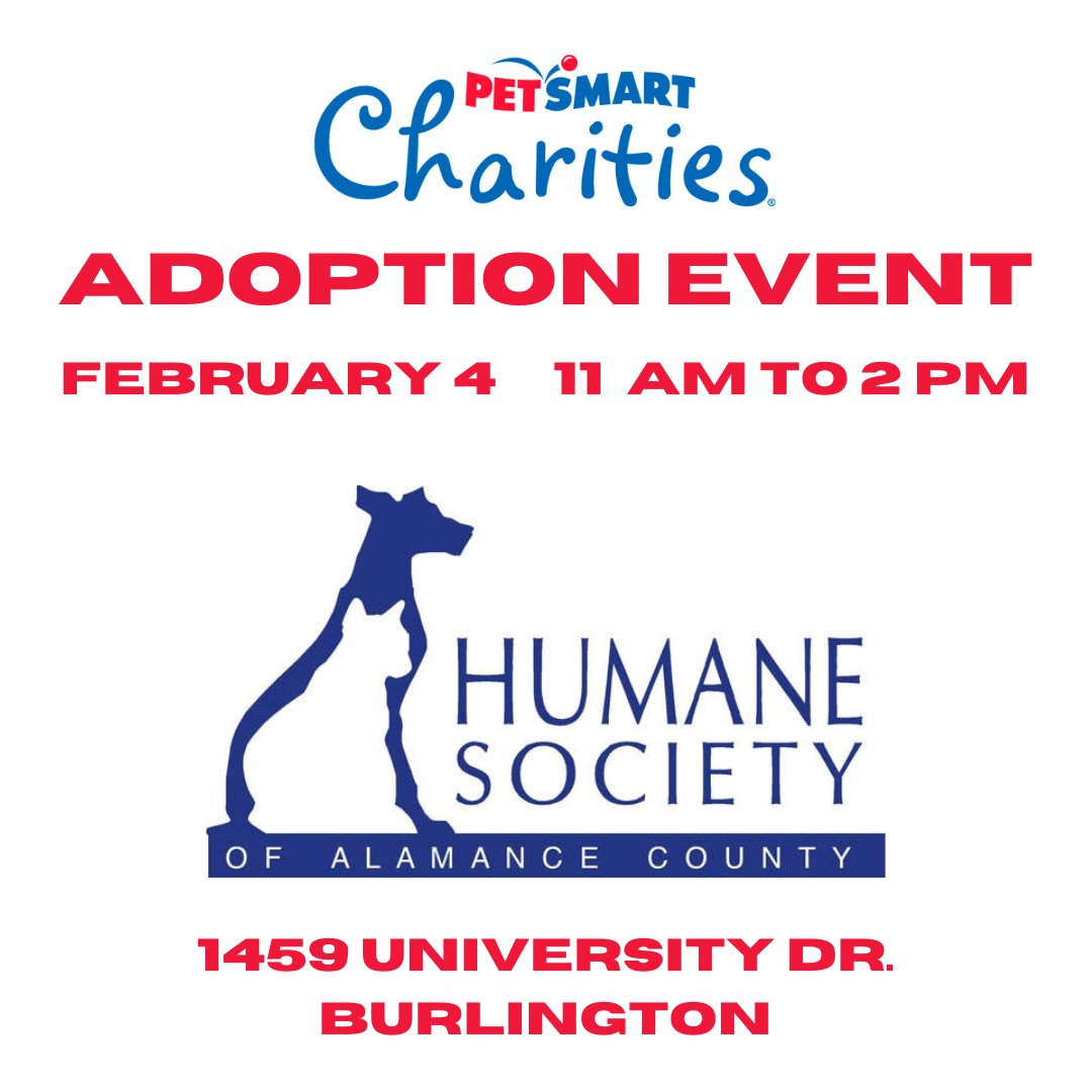 HumaneAlamance's tweet image. ADOPTION EVENT!
Join us this Sunday, February 4th, at PetSmart Burlington to meet some of our adoptable cats and dogs! We'll be there 11 am to 2 pm!