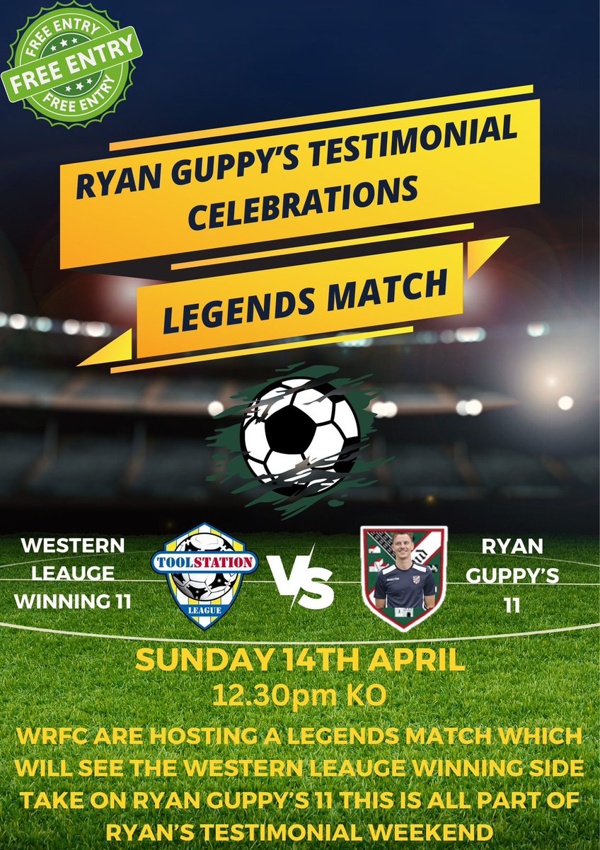 1/3 Dates for your diary’s 

We are proud at WRFC to announce the testimonial weekend for <a href="/RyanGuppy1/">Ryan Guppy</a> 

He has been a loyal servant of WRFC for the past 10 years so we will be dedicating the weekend of the 13th &amp; 14th April to him