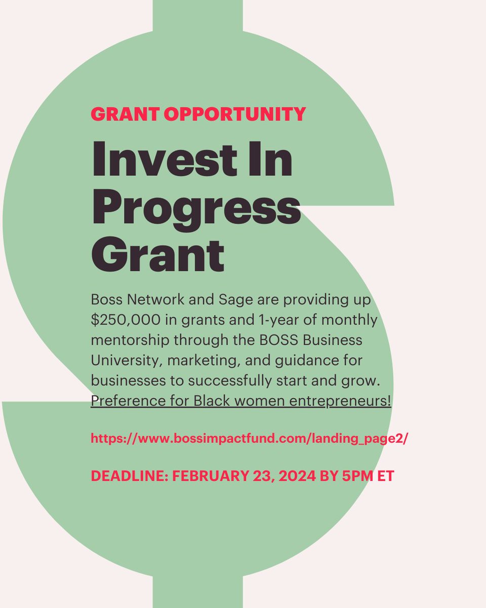 Grant opportunity alert! @TheBOSSNetwork and @SageUSAmerica are investing an additional $250,000 in grants for entrepreneurs this year! The grant also provides 1-year of monthly mentorship, marketing for each business, and more! bossimpactfund.com/landing_page2/