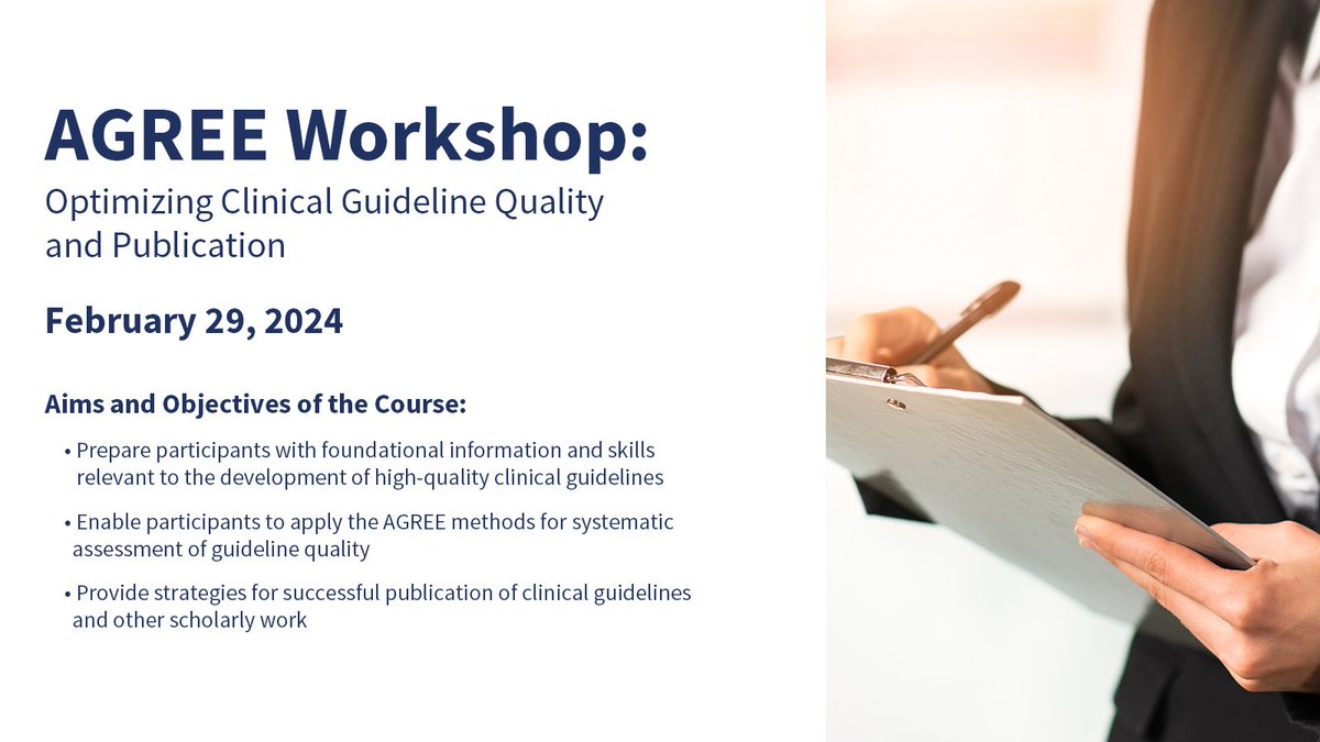 The AGREE USA Center (@ACPIMPhysicians), AGREE Colombian Center (@Ude), and AGREE Canadian Centre (@uOttawa) offering in-person workshop on developing & disseminating clinical guidelines. Feb 29, 2024. Register here: docs.google.com/forms/d/e/1FAI…