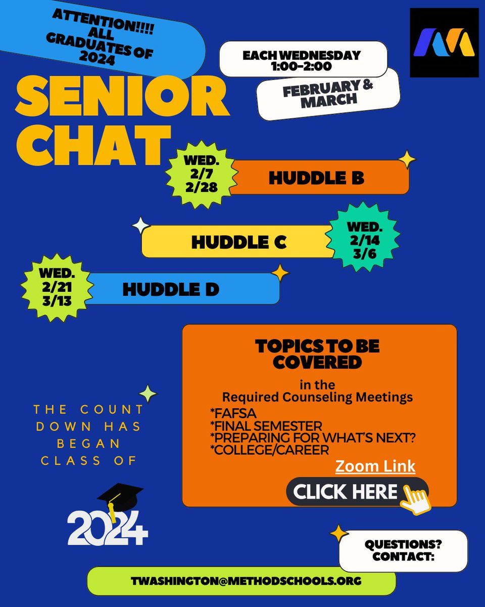 Empowering our seniors for the journey ahead! 🎓 Join us as we dive into FAFSA, conquer the final semester, and chart the course for what's next in college and career. 🚀 Let the countdown to success begin! #SeniorPlanning #FutureLeaders #FAFSAReady #Classof2024