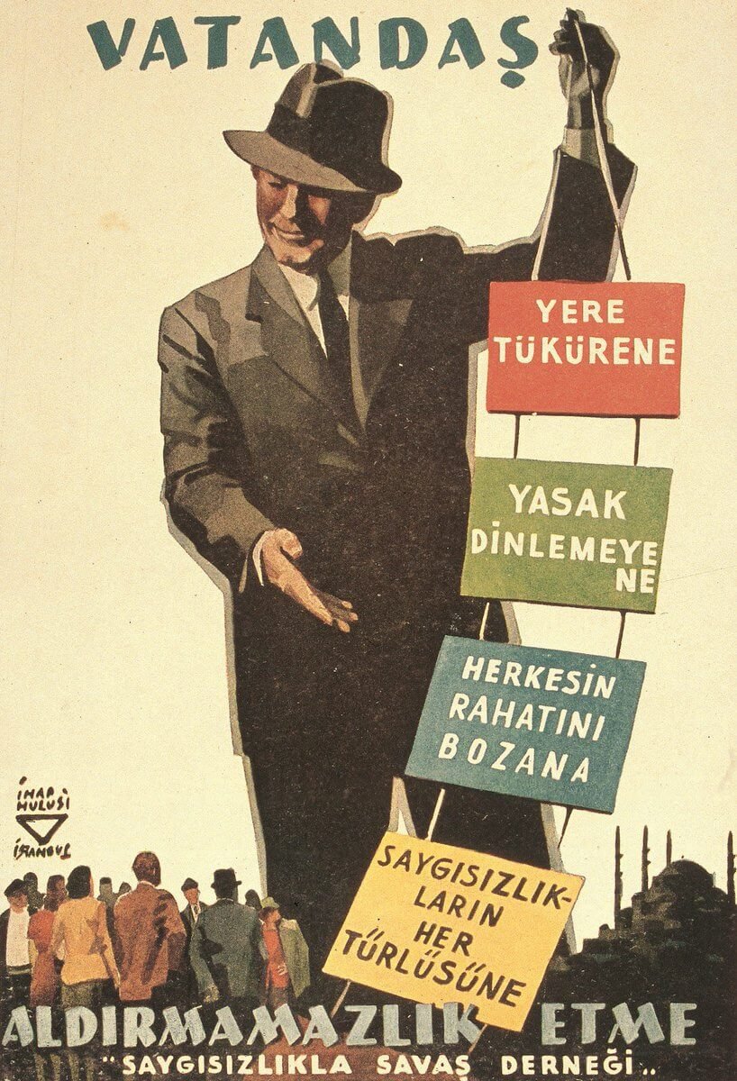 100yilinSecimi's tweet photo. Tasarımda İhap Hulusi'nin izi rahatlıkla ayırt ediliyordu ve CHP'nin o ve sonraki yıllardaki afişlerinin çok ötesinde bir incelik mevcuttu. 
İ.H. dendiğinde 1945 yılında kurulan Saygısızlıkla Savaş Derneği için hazırladığı afişi de buraya bırakalım. https://t.co/lW4EiBoya0
