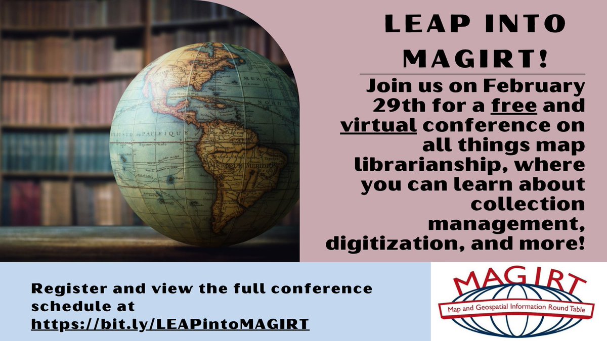 Join us on Leap Day for a free and virtual map librarianship conference! See the full schedule and register at bit.ly/LEAPintoMAGIRT #maps #GISchat #mapping #librarianship <a href="/ALALibrary/">American Library Association</a>